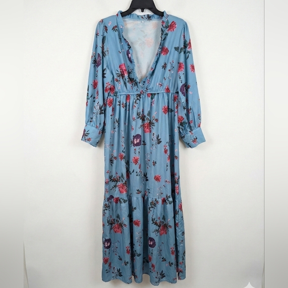 Boutique Blue Floral Ruffle Maxi Dress Long Sleeve Cottagecore Wedding Boho L - Picture 2 of 9